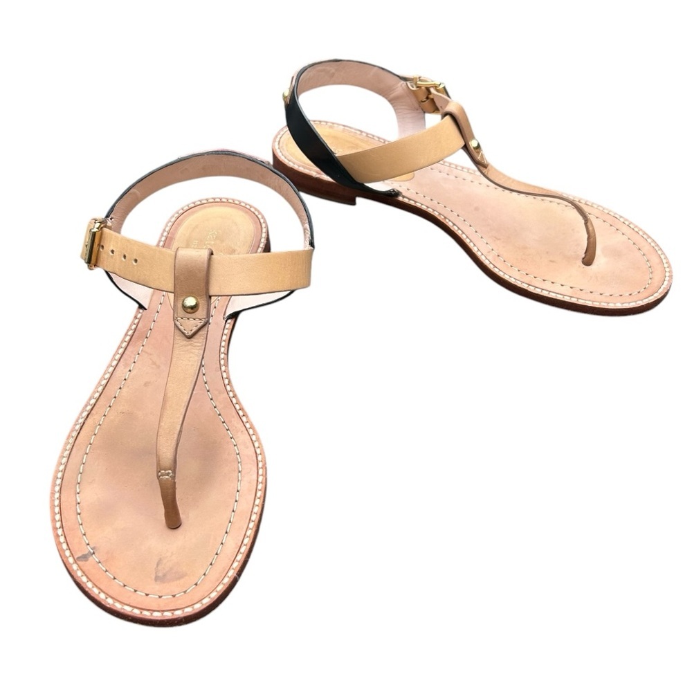 Kate Spade Sky Flat Sandals 9 Luggage Natural Black Vachetta Coastal Boho - Picture 2 of 9